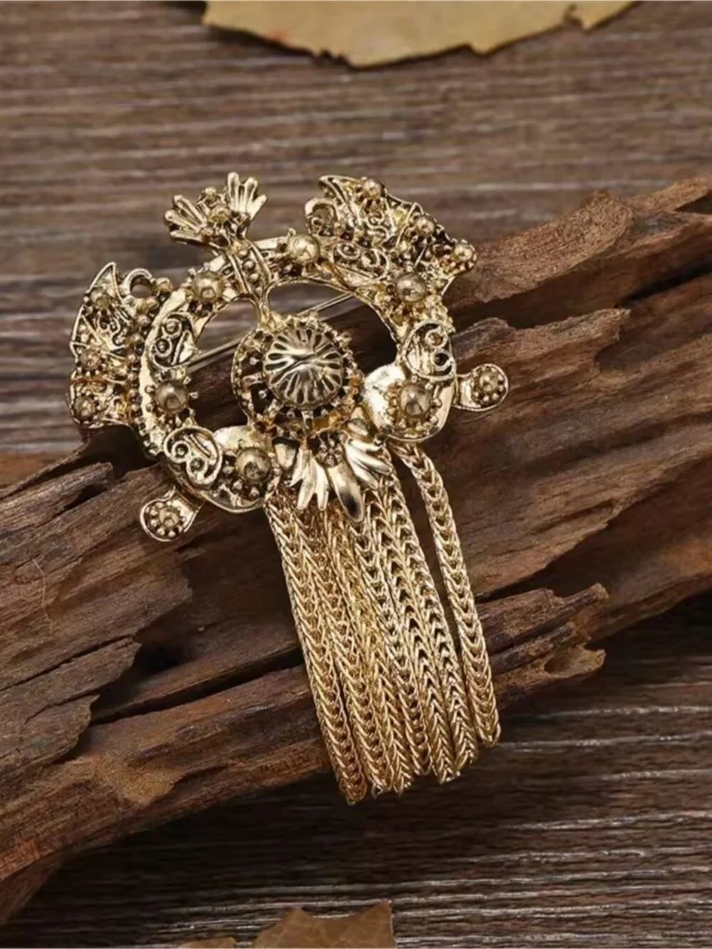 Ornate Gold Filigree Tassel Brooch Pin